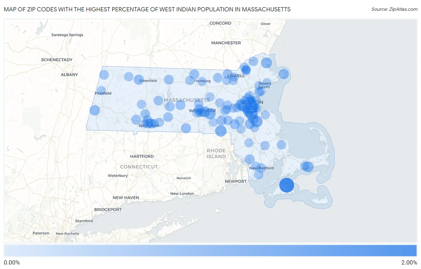 Zip Codes with the Highest Percentage of West Indian Population in Massachusetts Map