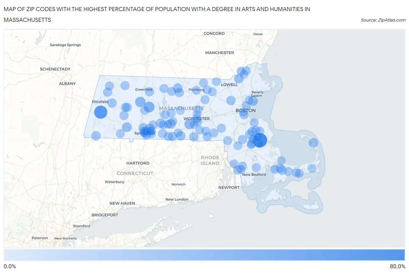 Zip Codes with the Highest Percentage of Population with a Degree in Arts and Humanities in Massachusetts Map