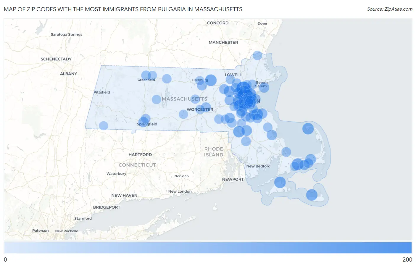 Zip Codes with the Most Immigrants from Bulgaria in Massachusetts Map