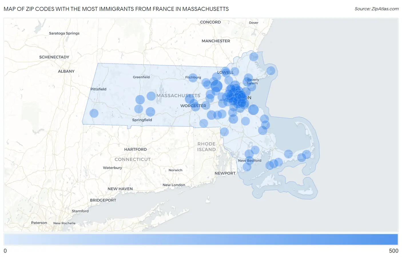 Zip Codes with the Most Immigrants from France in Massachusetts Map