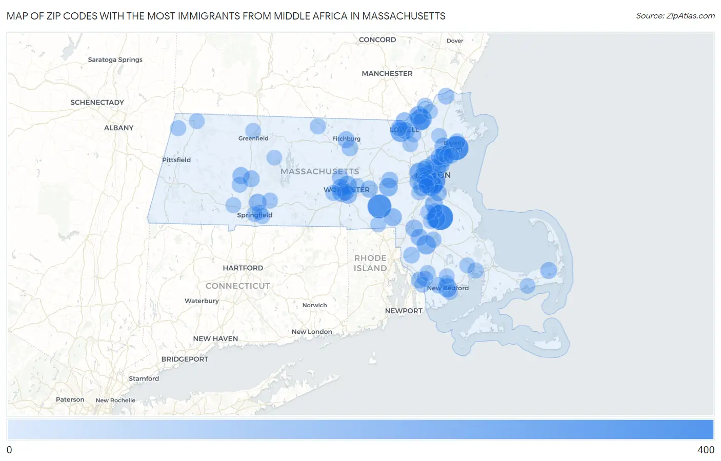 Zip Codes with the Most Immigrants from Middle Africa in Massachusetts Map