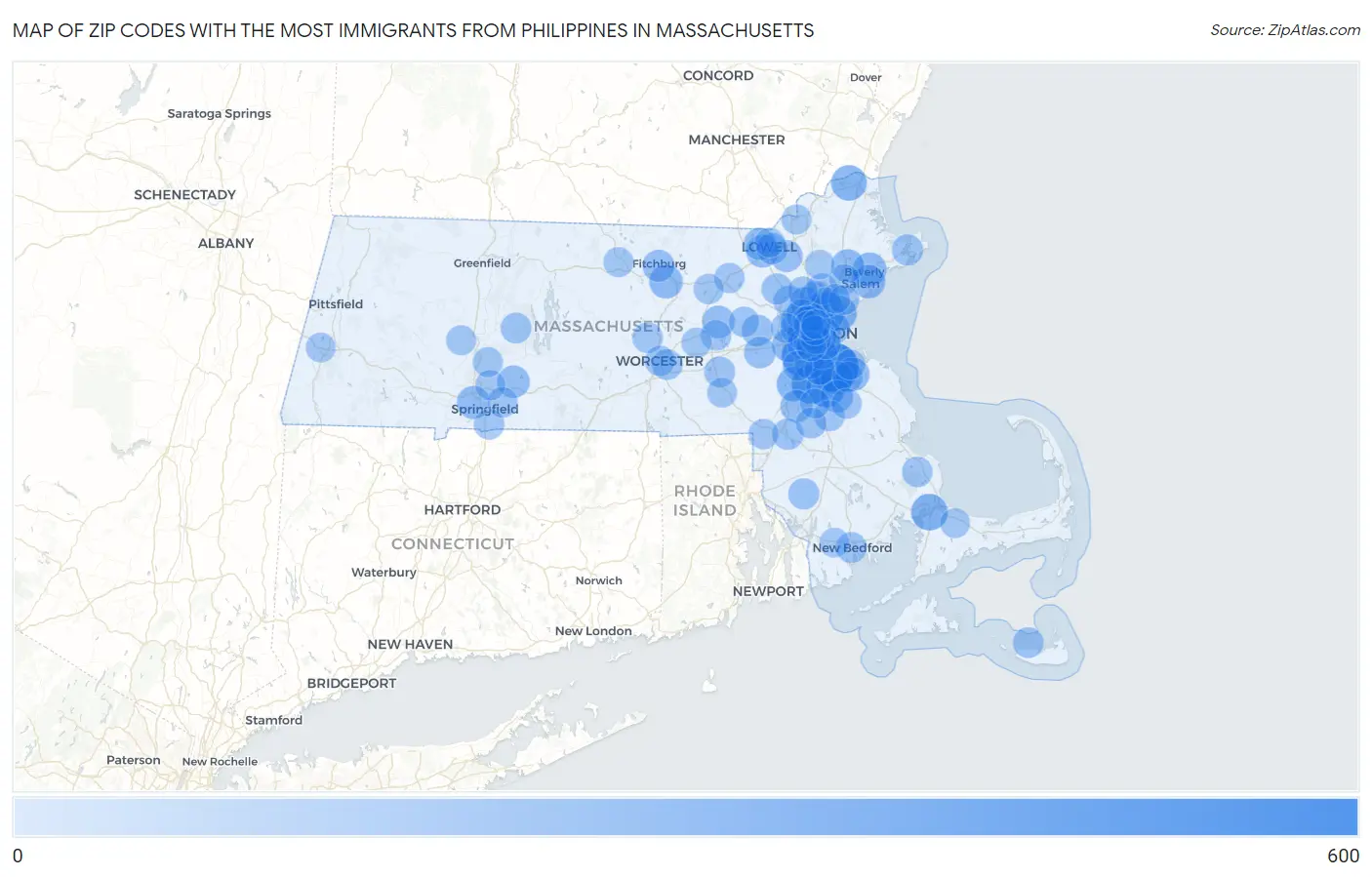Zip Codes with the Most Immigrants from Philippines in Massachusetts Map