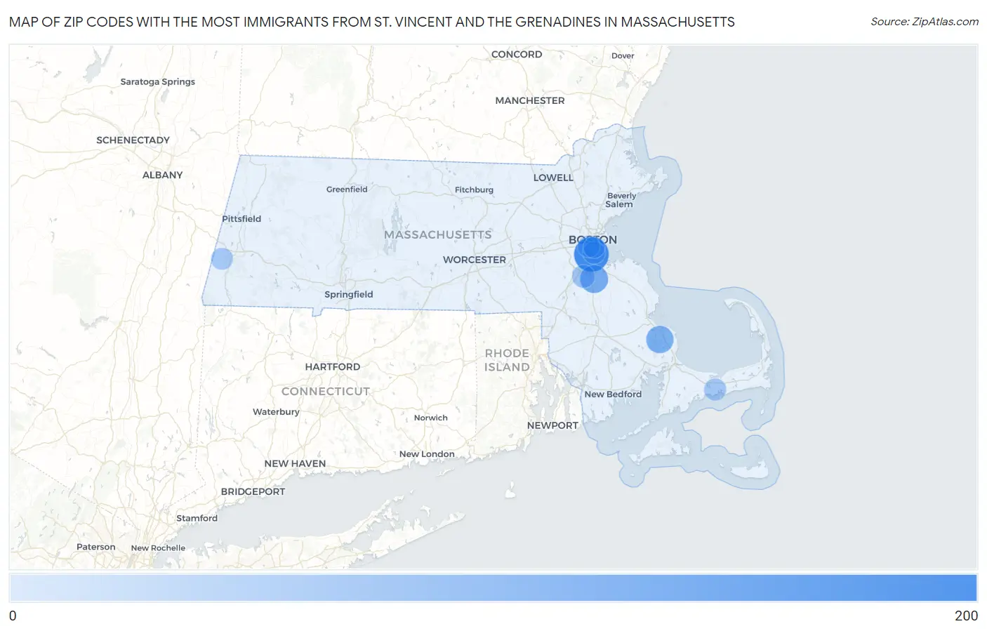 Zip Codes with the Most Immigrants from St. Vincent and the Grenadines in Massachusetts Map