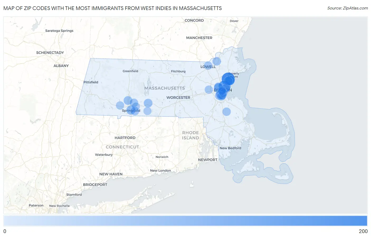 Zip Codes with the Most Immigrants from West Indies in Massachusetts Map