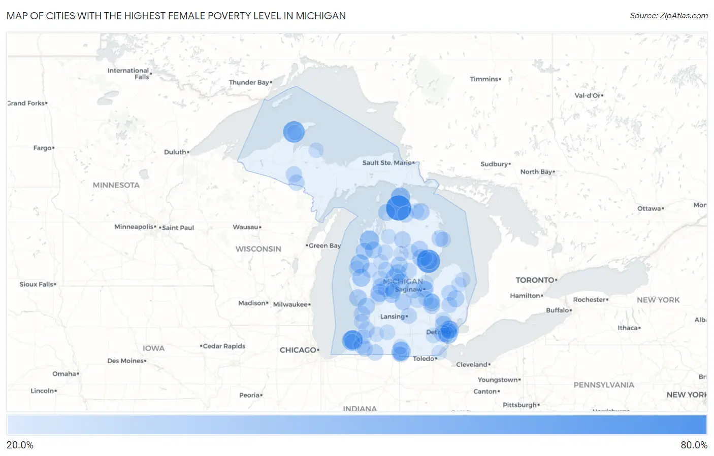 Cities with the Highest Female Poverty Level in Michigan Map
