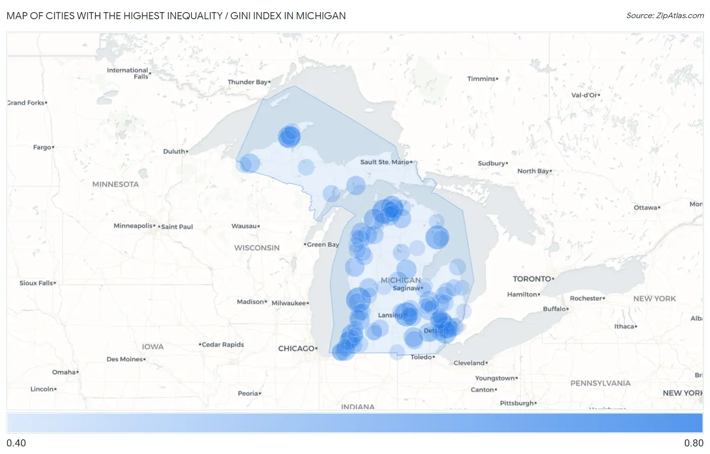 Cities with the Highest Inequality / Gini Index in Michigan Map
