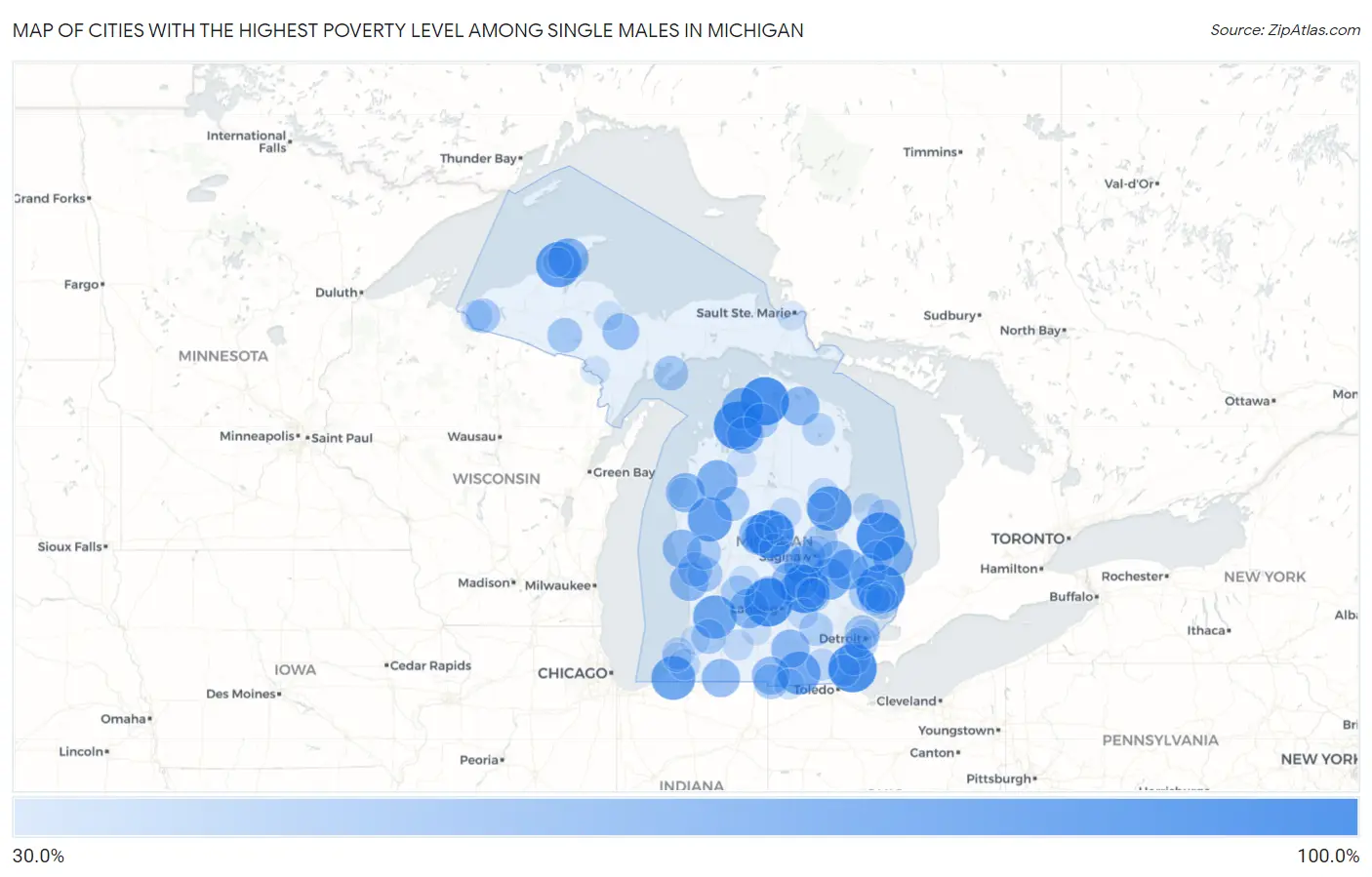 Cities with the Highest Poverty Level Among Single Males in Michigan Map