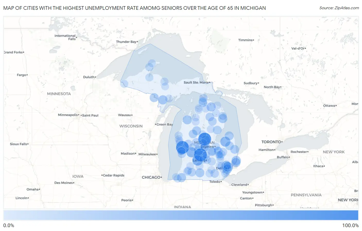 Cities with the Highest Unemployment Rate Amomg Seniors Over the Age of 65 in Michigan Map