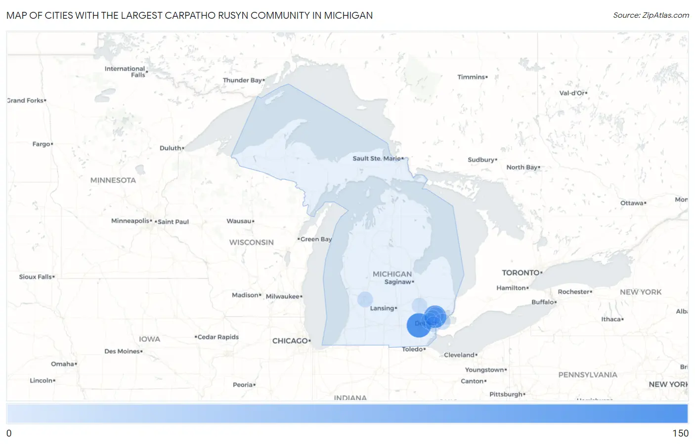Cities with the Largest Carpatho Rusyn Community in Michigan Map