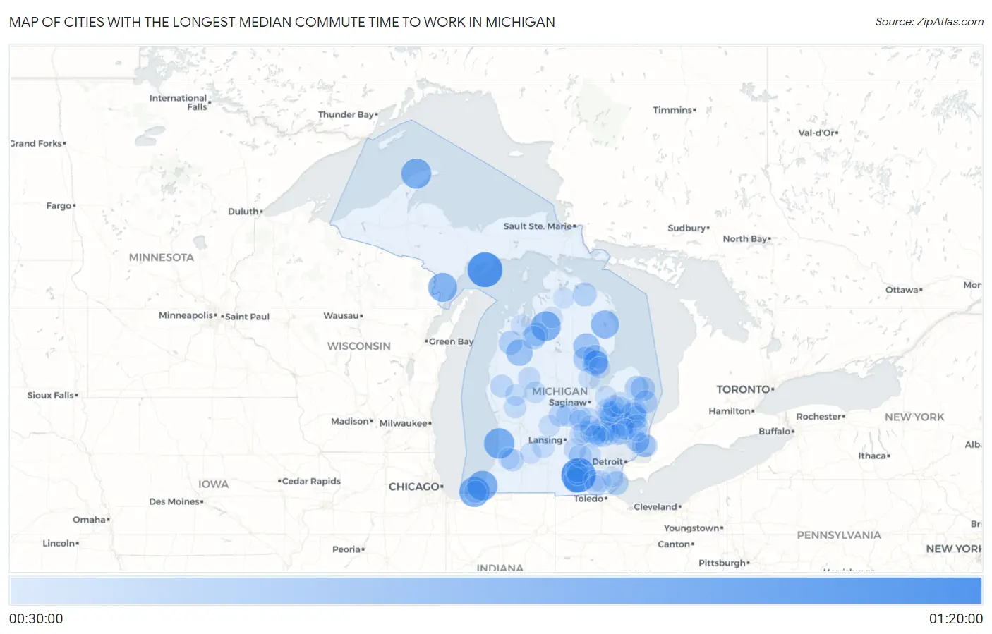 Cities with the Longest Median Commute Time to Work in Michigan Map