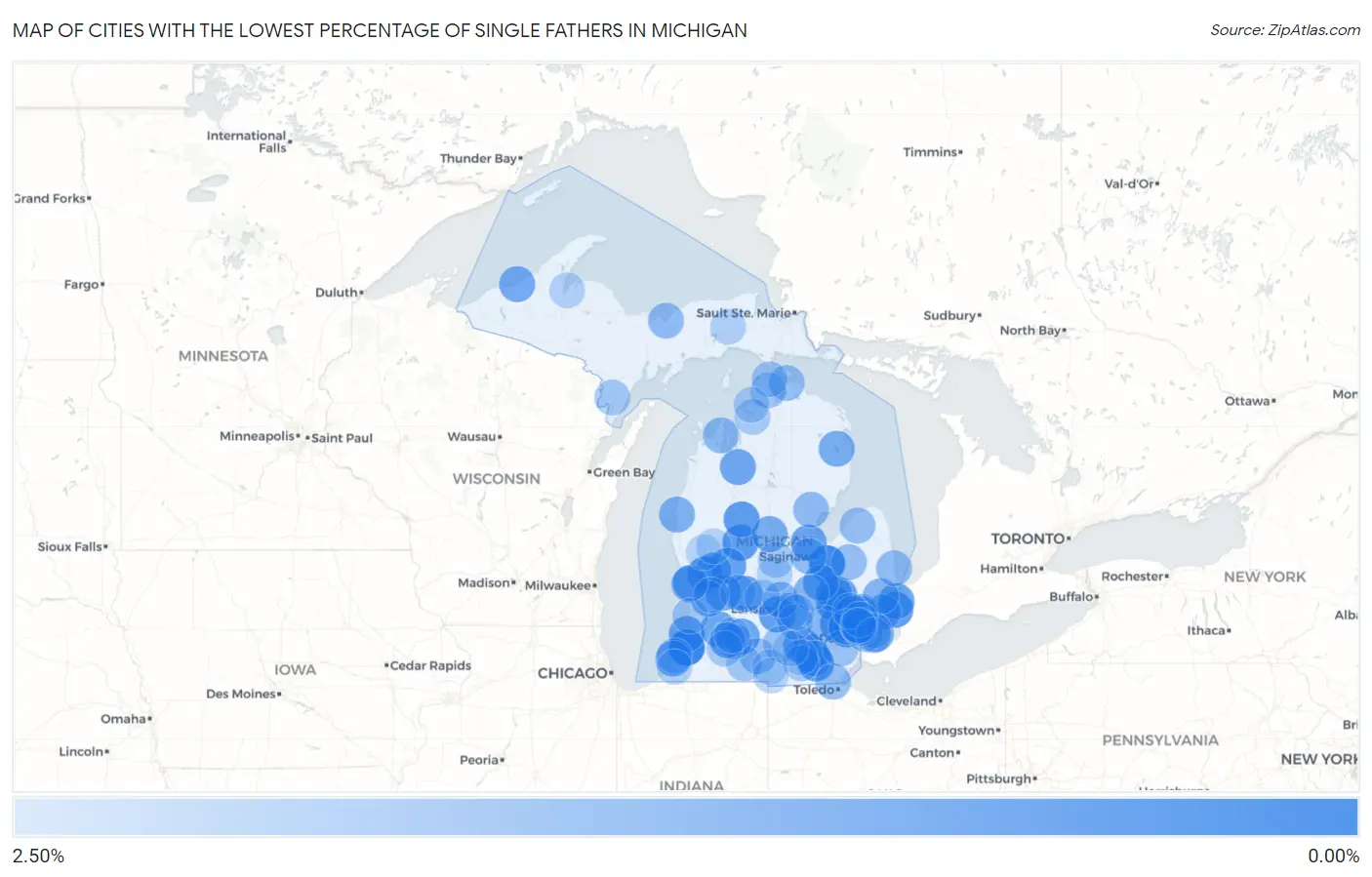 Cities with the Lowest Percentage of Single Fathers in Michigan Map