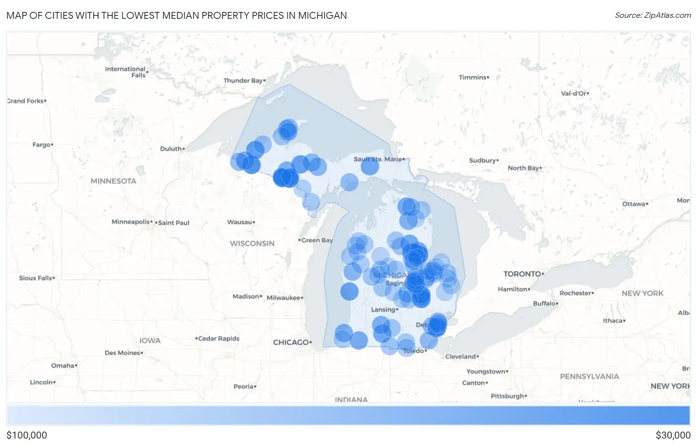 Cities with the Lowest Median Property Prices in Michigan Map