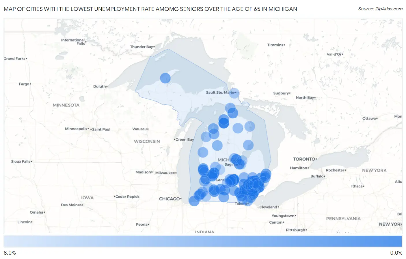 Cities with the Lowest Unemployment Rate Amomg Seniors Over the Age of 65 in Michigan Map