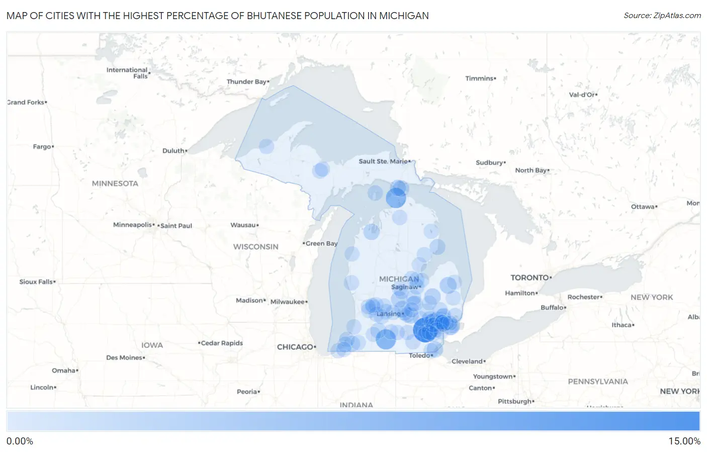 Cities with the Highest Percentage of Bhutanese Population in Michigan Map