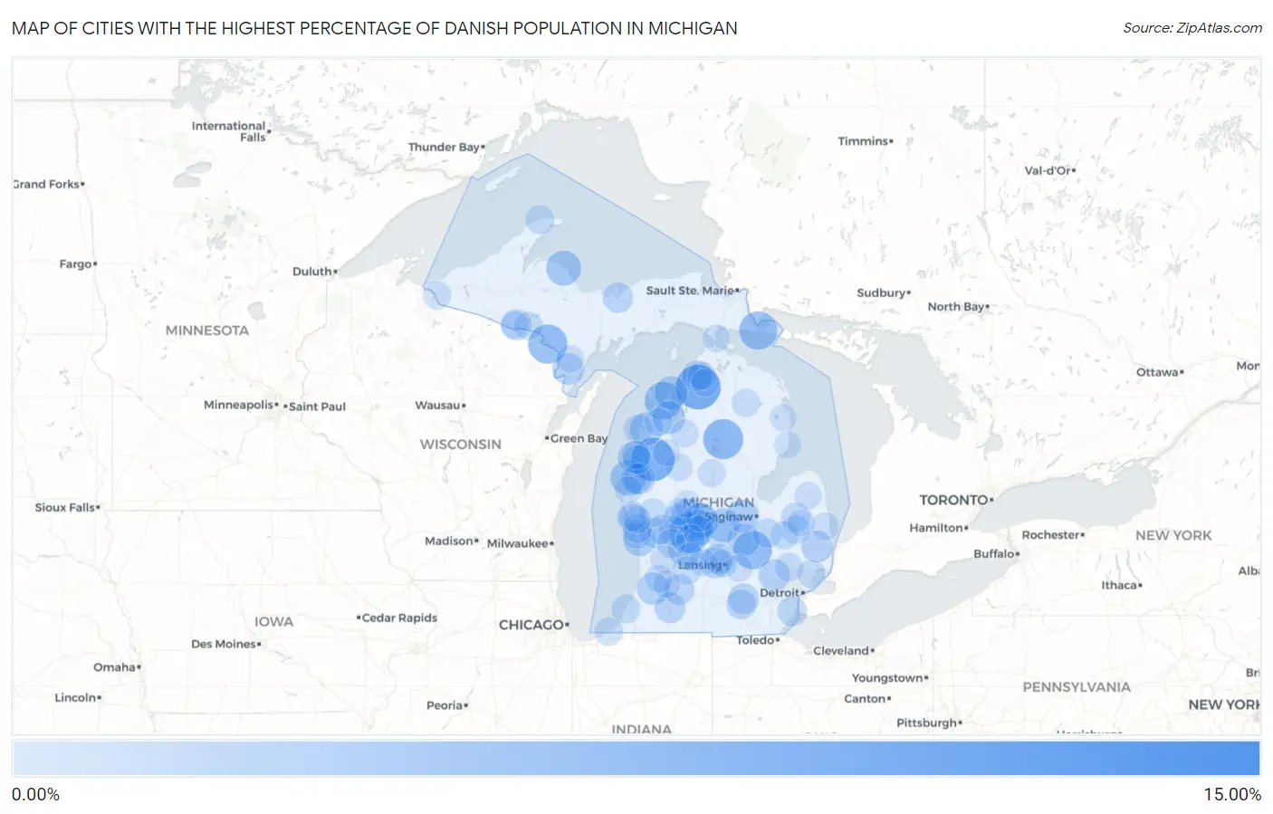 Cities with the Highest Percentage of Danish Population in Michigan Map