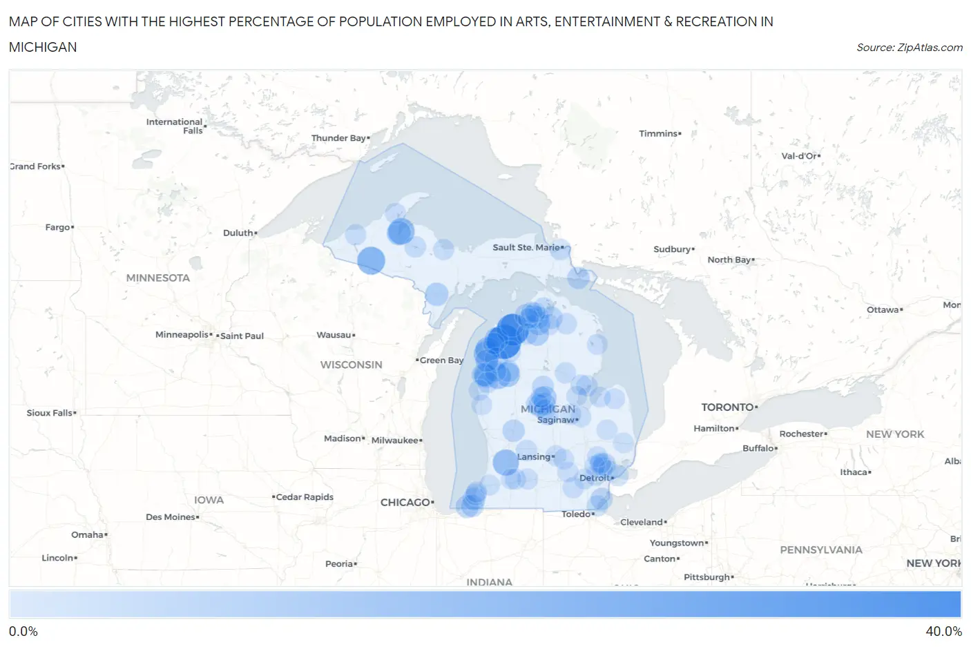 Cities with the Highest Percentage of Population Employed in Arts, Entertainment & Recreation in Michigan Map
