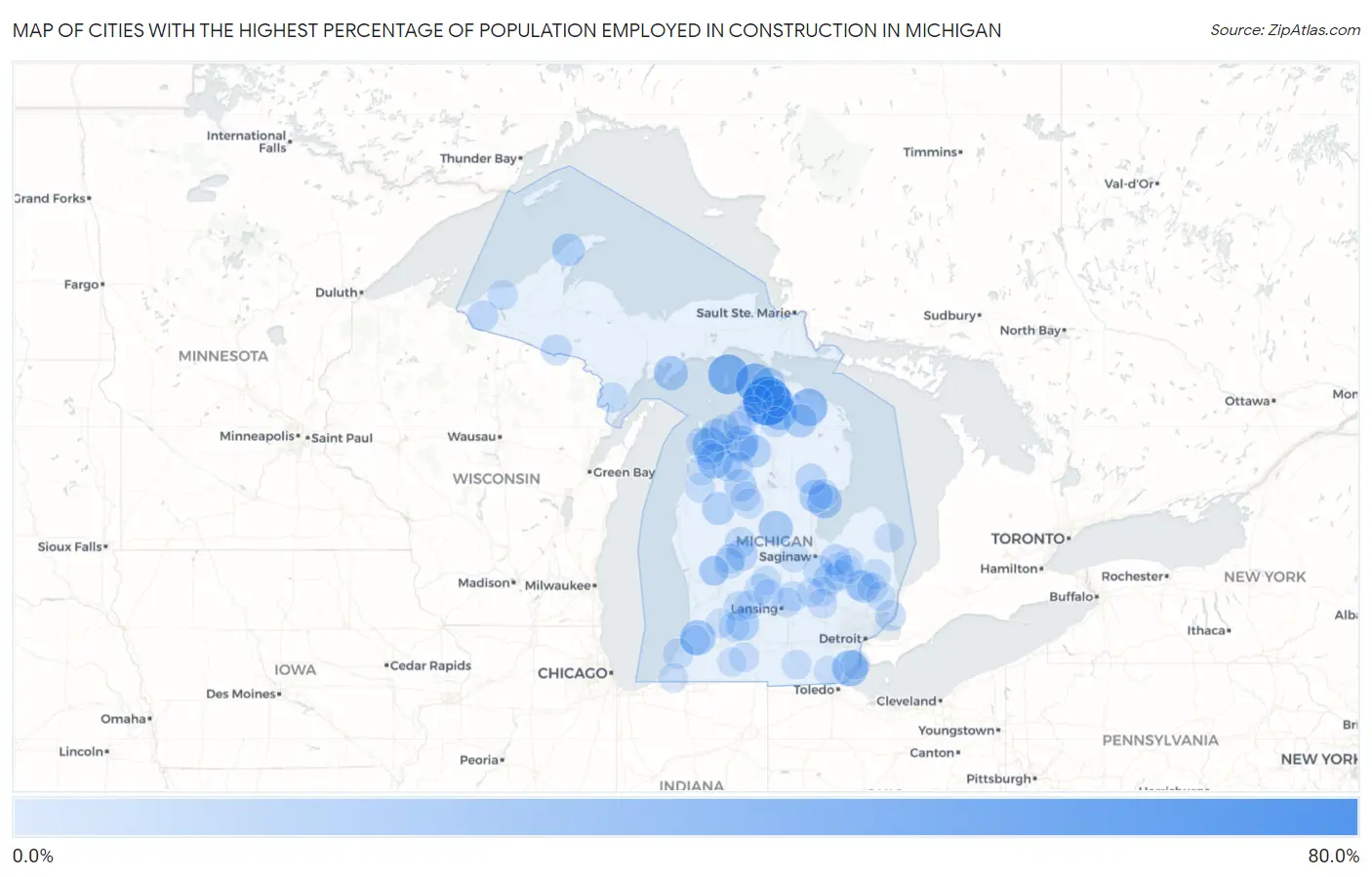 Cities with the Highest Percentage of Population Employed in Construction in Michigan Map