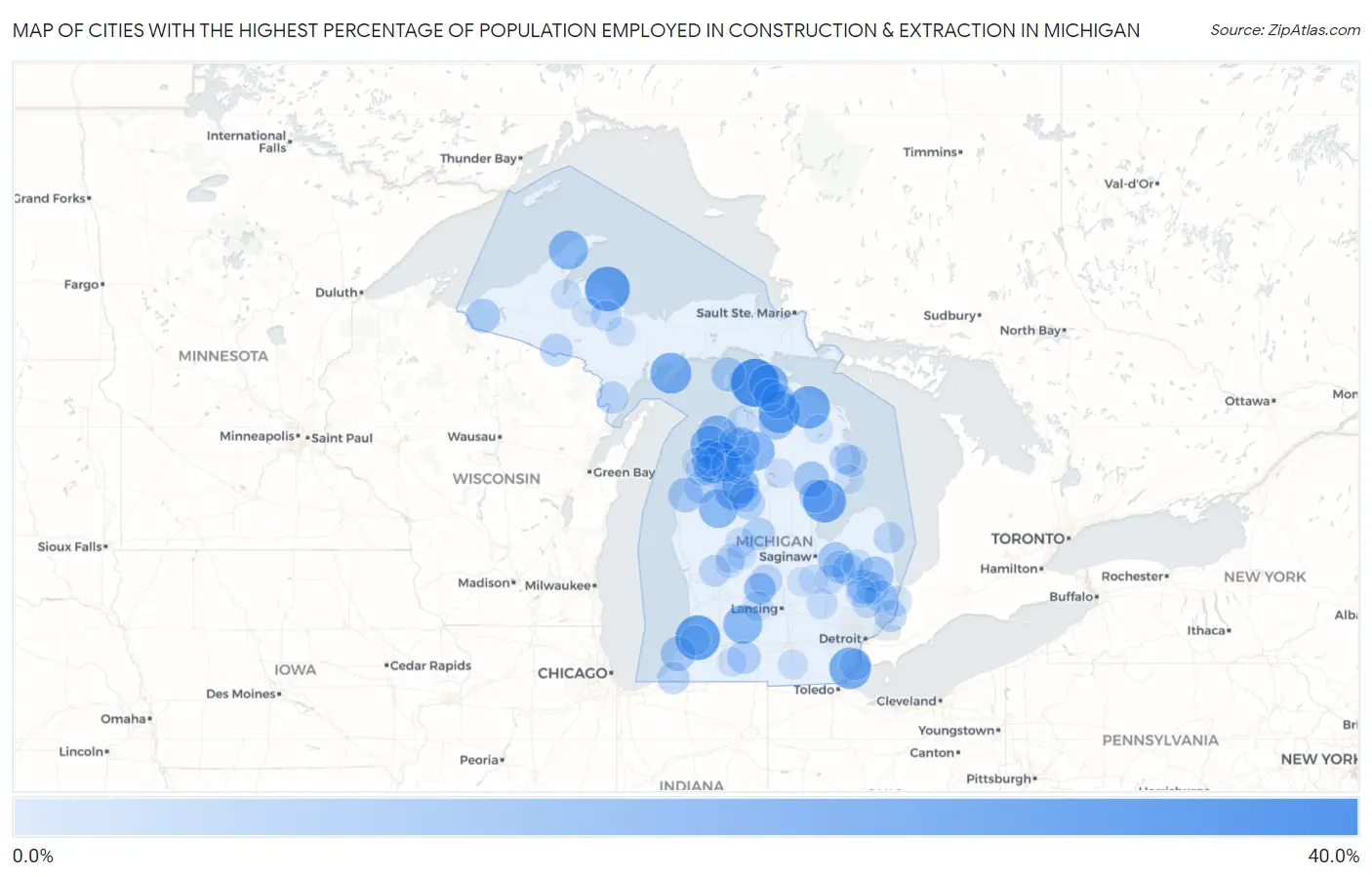Cities with the Highest Percentage of Population Employed in Construction & Extraction in Michigan Map