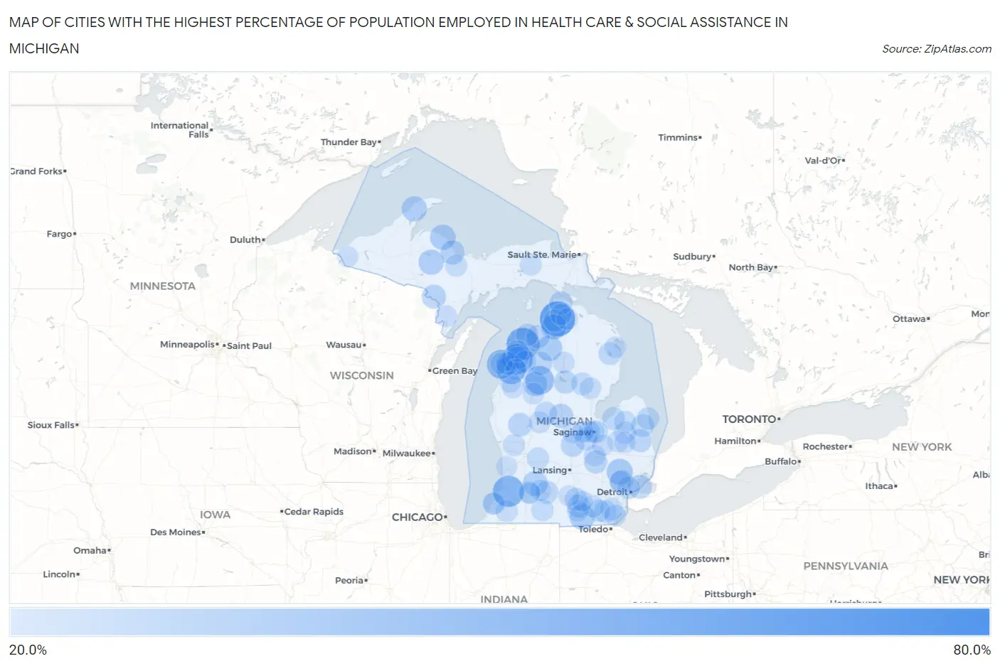 Cities with the Highest Percentage of Population Employed in Health Care & Social Assistance in Michigan Map