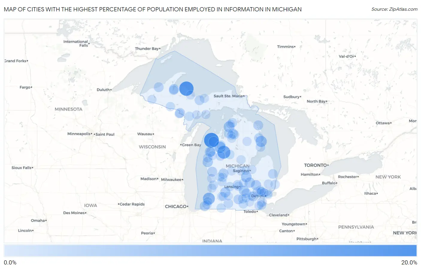 Cities with the Highest Percentage of Population Employed in Information in Michigan Map
