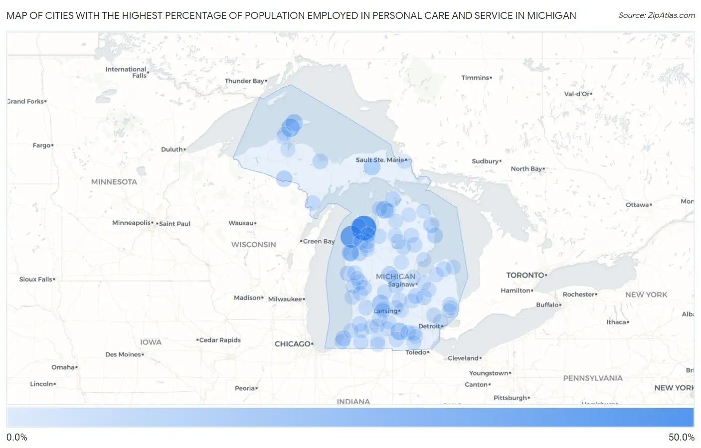 Cities with the Highest Percentage of Population Employed in Personal Care and Service in Michigan Map