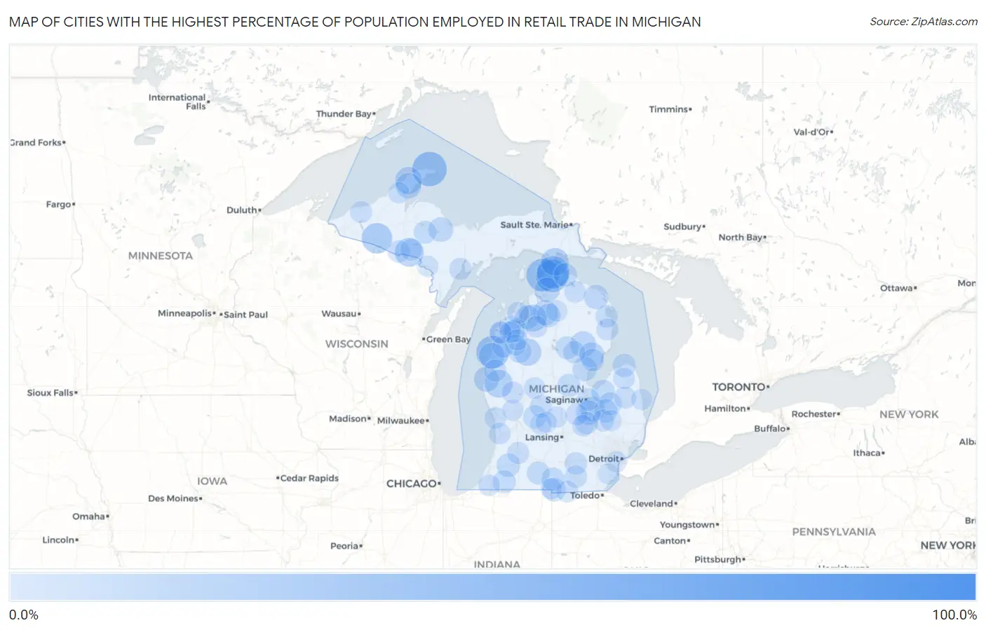 Cities with the Highest Percentage of Population Employed in Retail Trade in Michigan Map