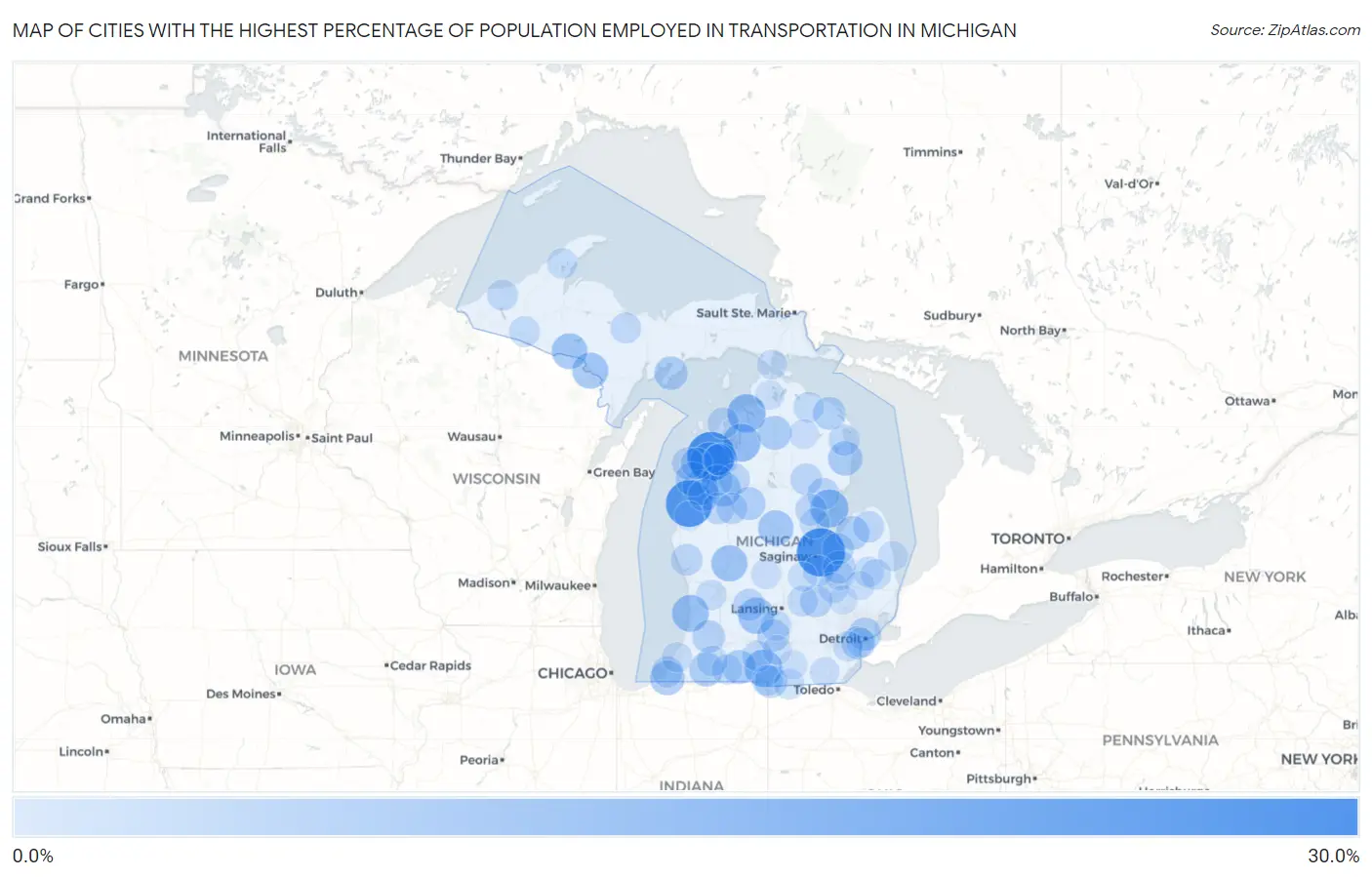 Cities with the Highest Percentage of Population Employed in Transportation in Michigan Map