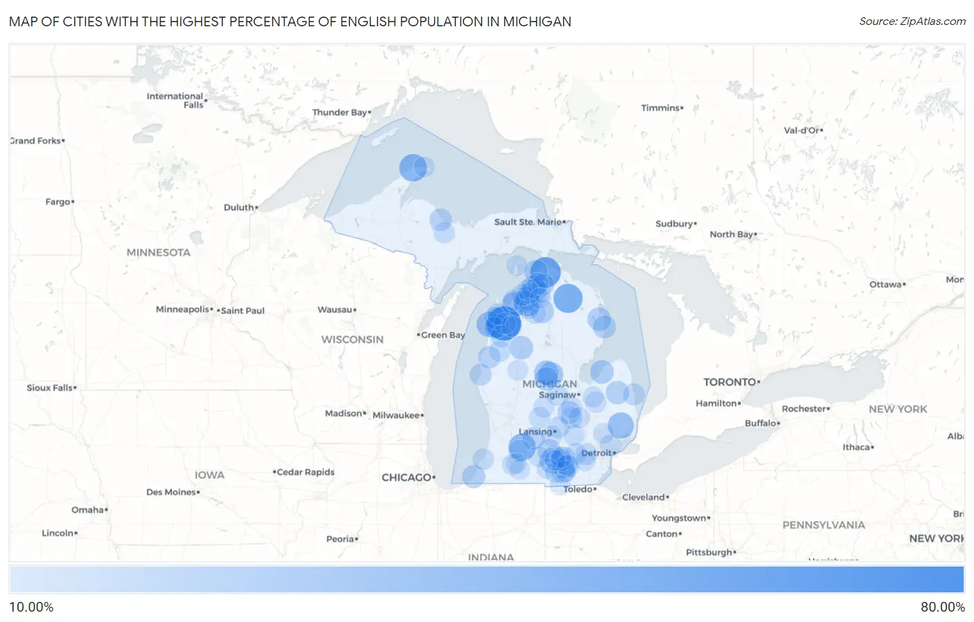 Cities with the Highest Percentage of English Population in Michigan Map