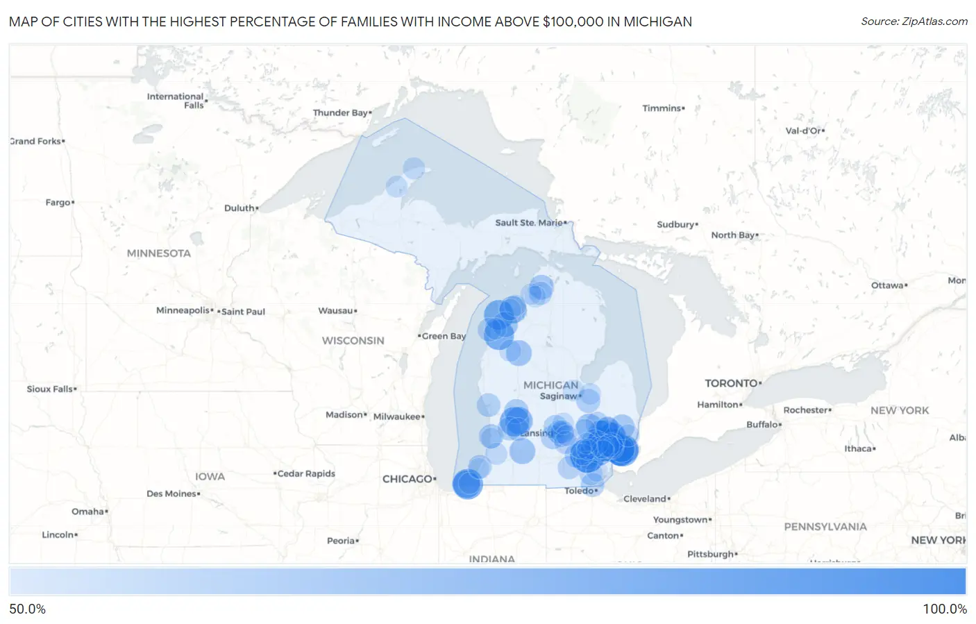 Cities with the Highest Percentage of Families with Income Above $100,000 in Michigan Map