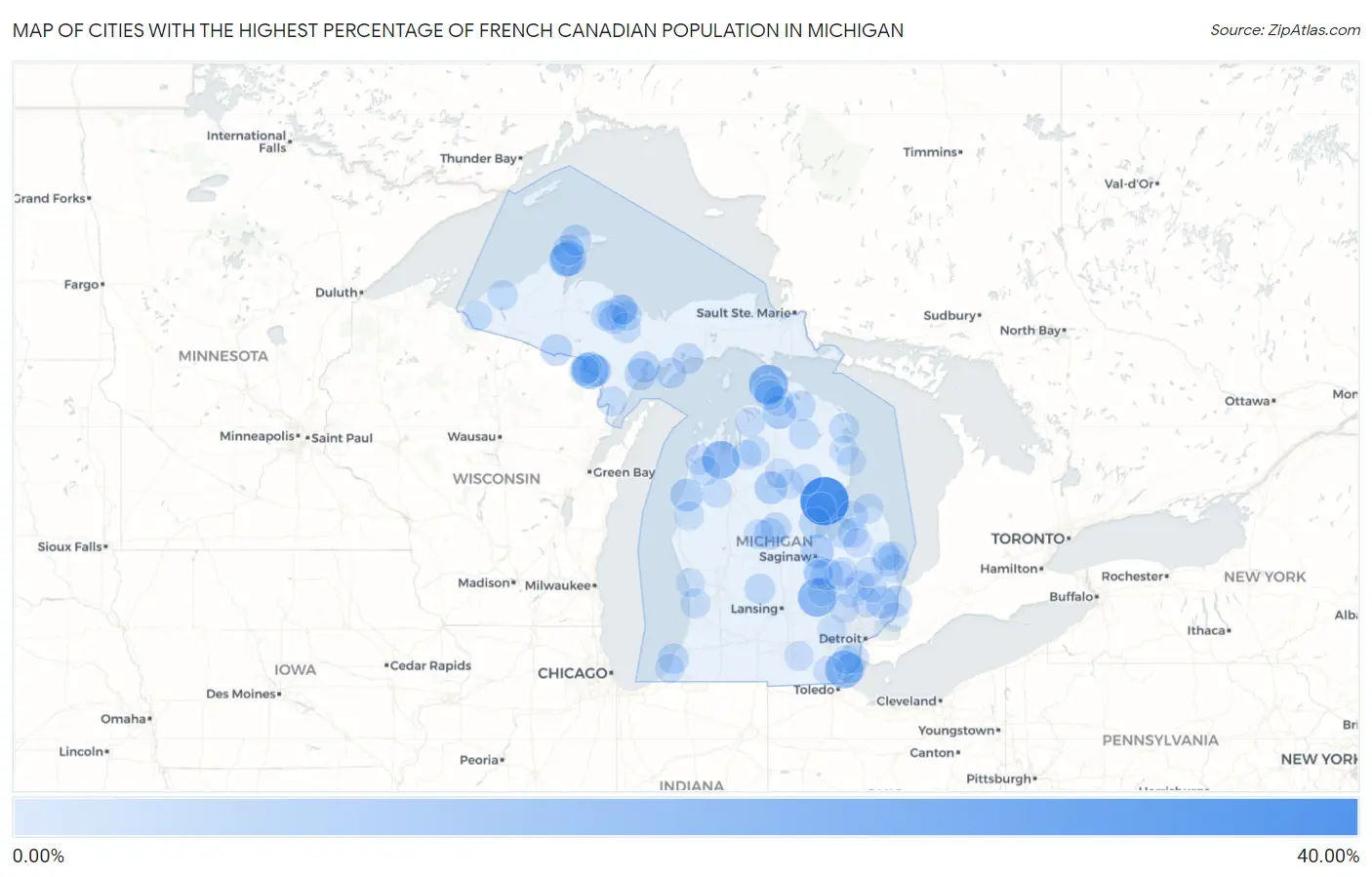 Cities with the Highest Percentage of French Canadian Population in Michigan Map