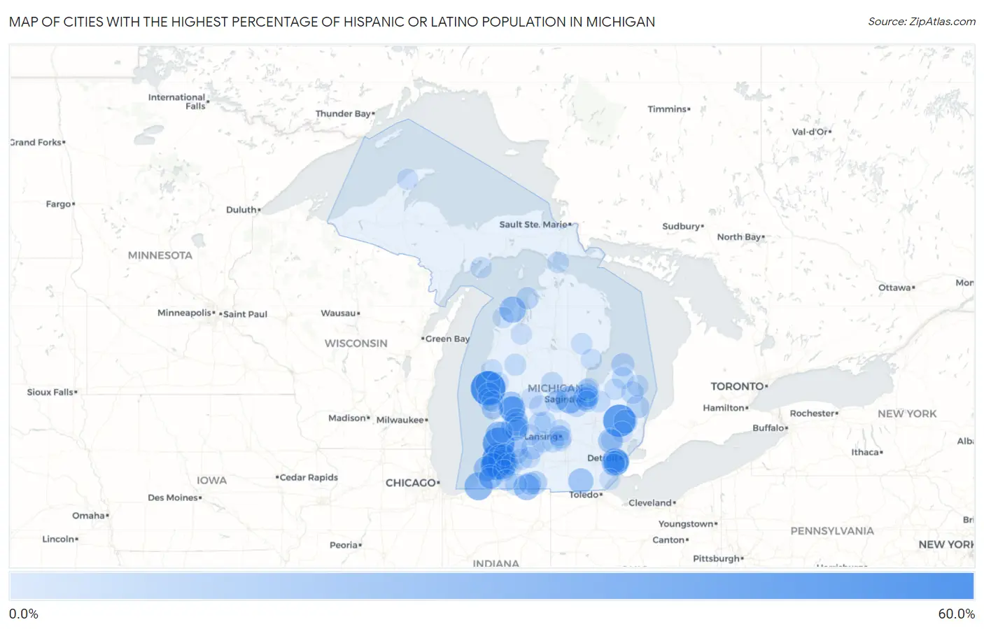 Cities with the Highest Percentage of Hispanic or Latino Population in Michigan Map