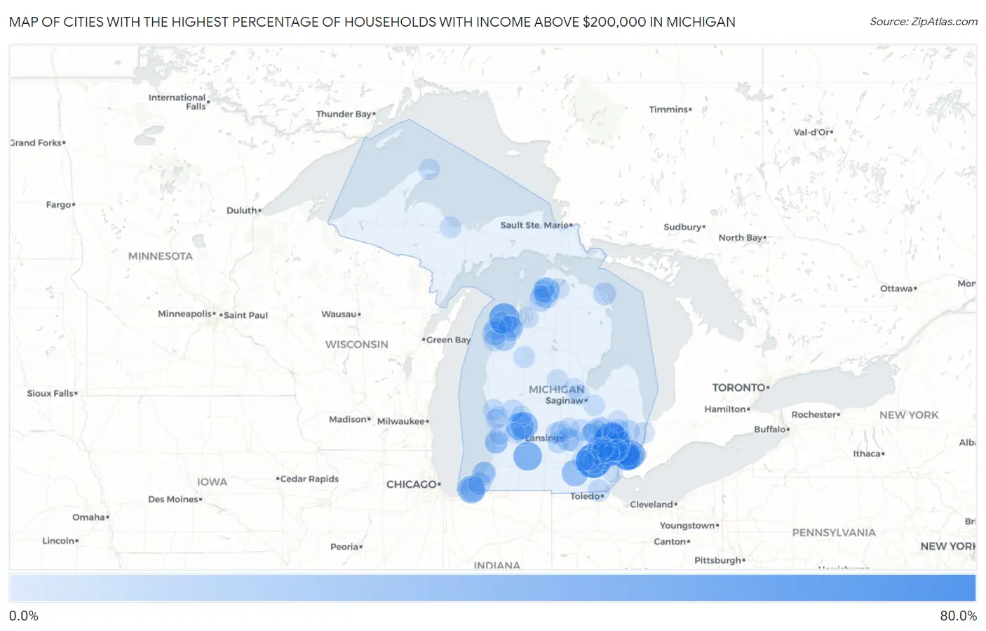 Cities with the Highest Percentage of Households with Income Above $200,000 in Michigan Map