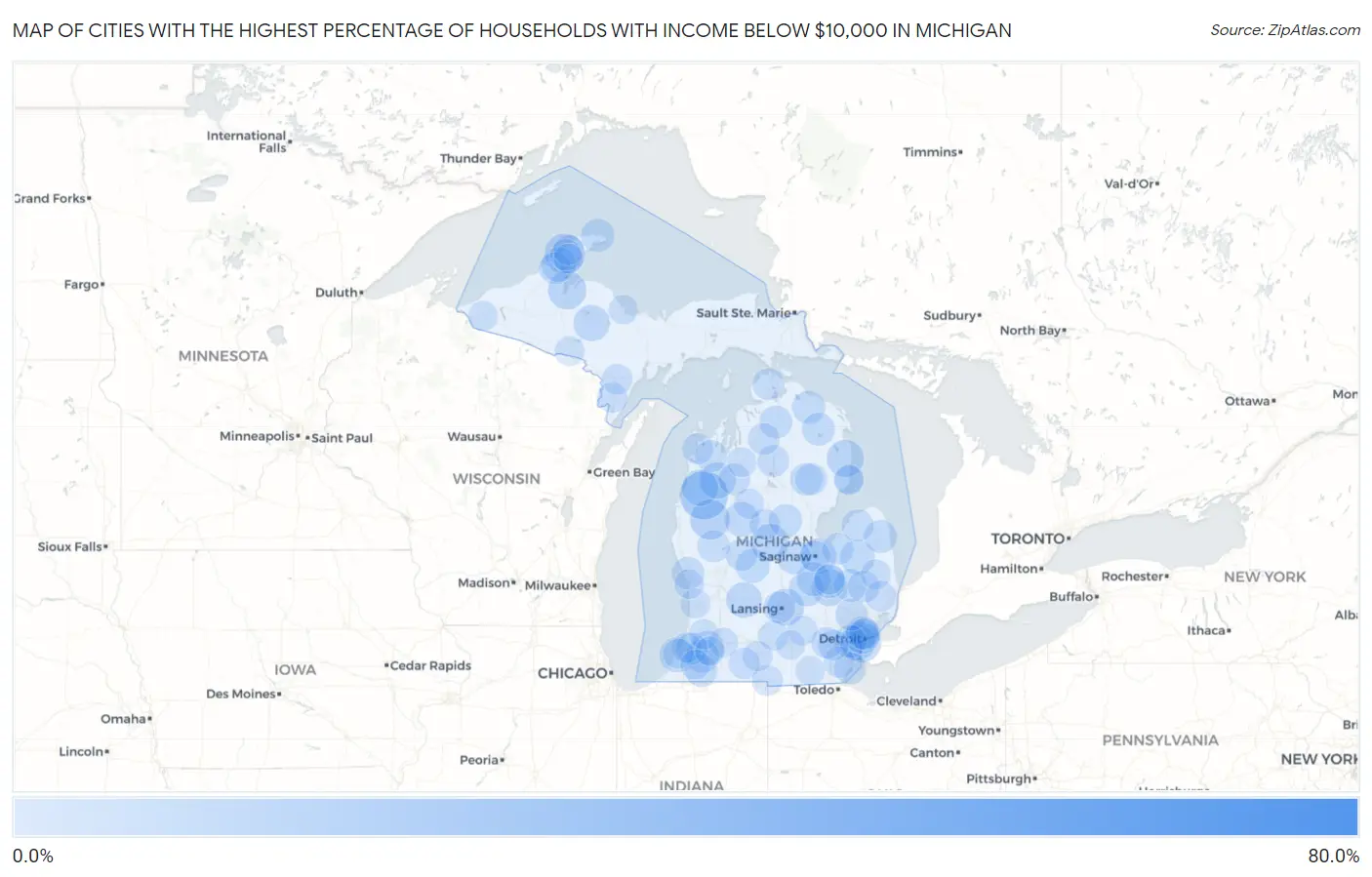 Cities with the Highest Percentage of Households with Income Below $10,000 in Michigan Map