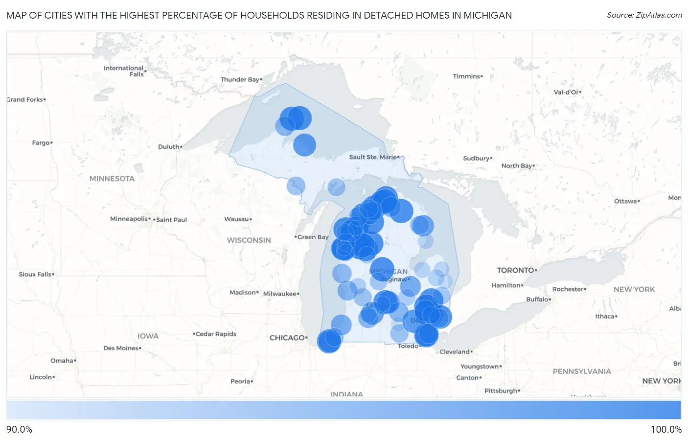 Cities with the Highest Percentage of Households Residing in Detached Homes in Michigan Map