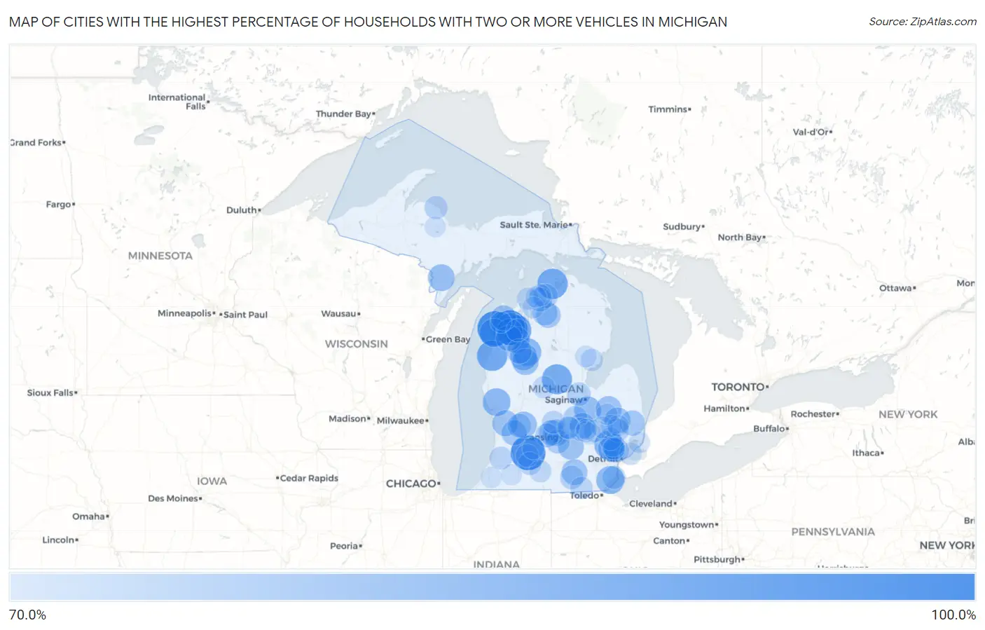 Cities with the Highest Percentage of Households With Two or more Vehicles in Michigan Map
