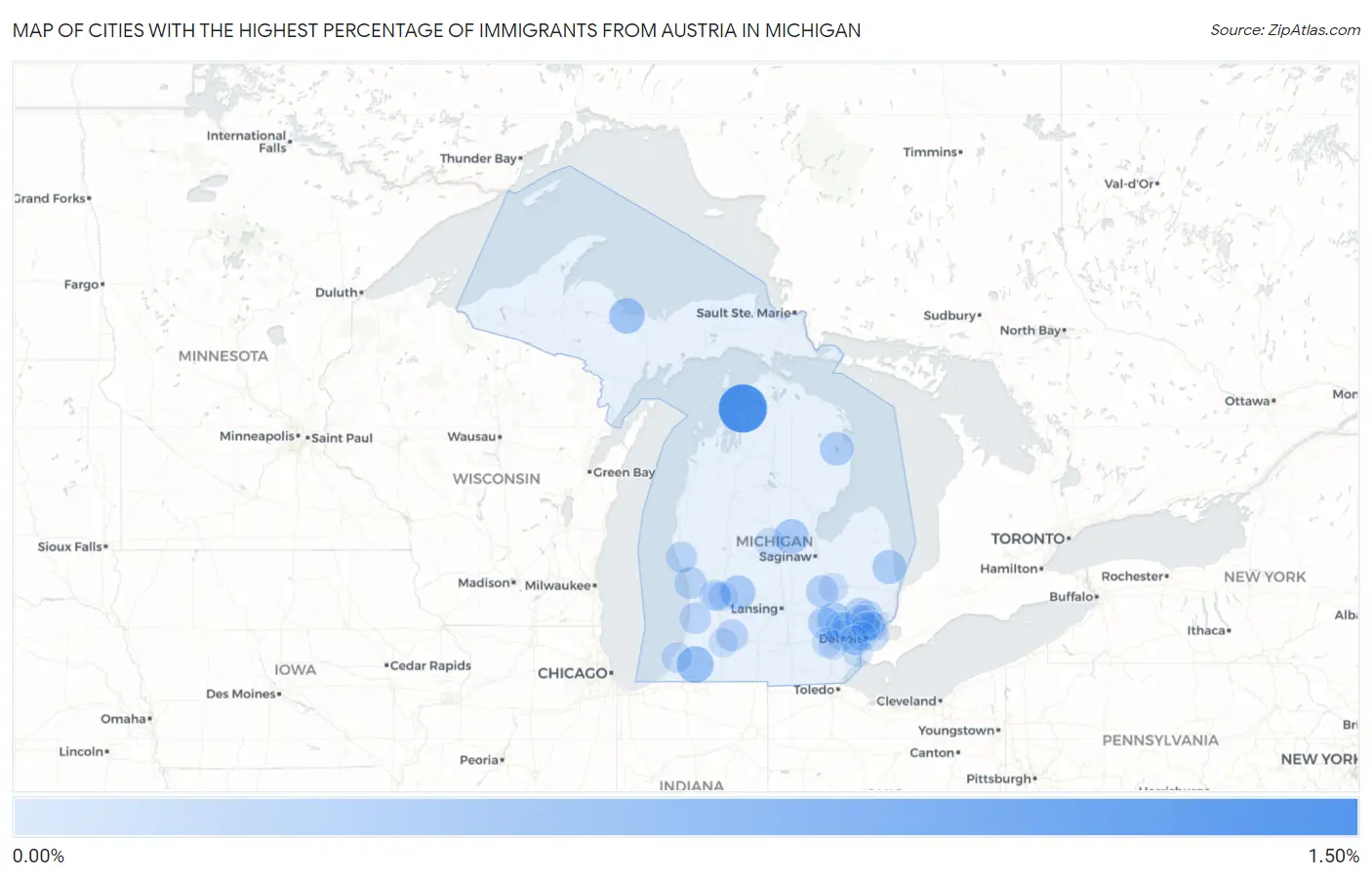 Cities with the Highest Percentage of Immigrants from Austria in Michigan Map