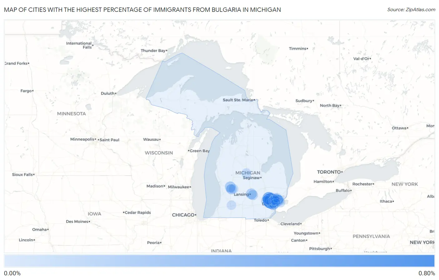 Cities with the Highest Percentage of Immigrants from Bulgaria in Michigan Map