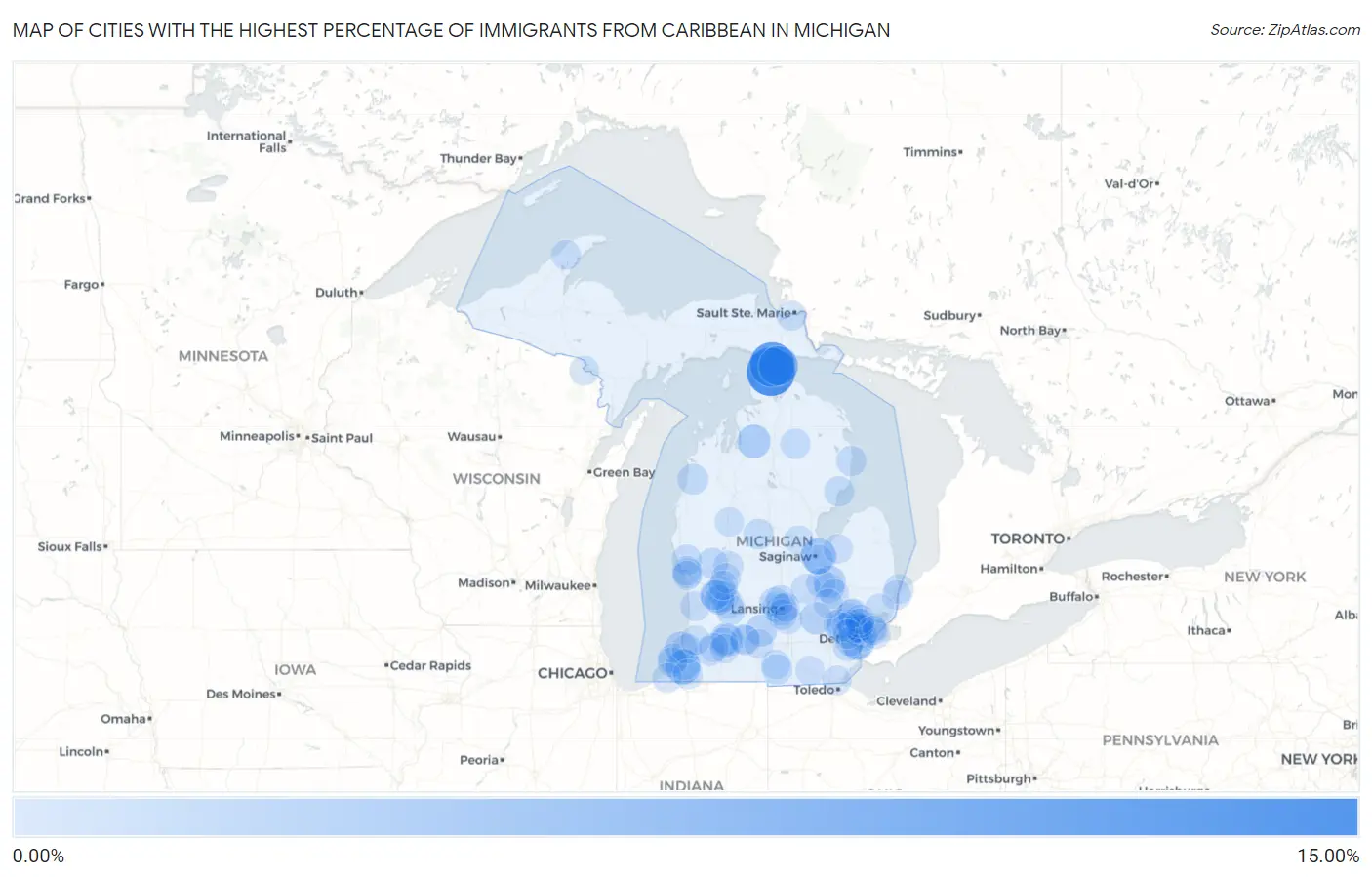 Cities with the Highest Percentage of Immigrants from Caribbean in Michigan Map
