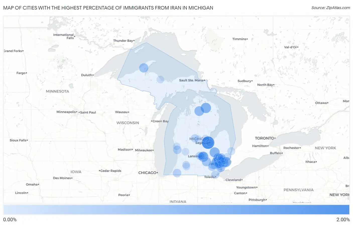 Cities with the Highest Percentage of Immigrants from Iran in Michigan Map