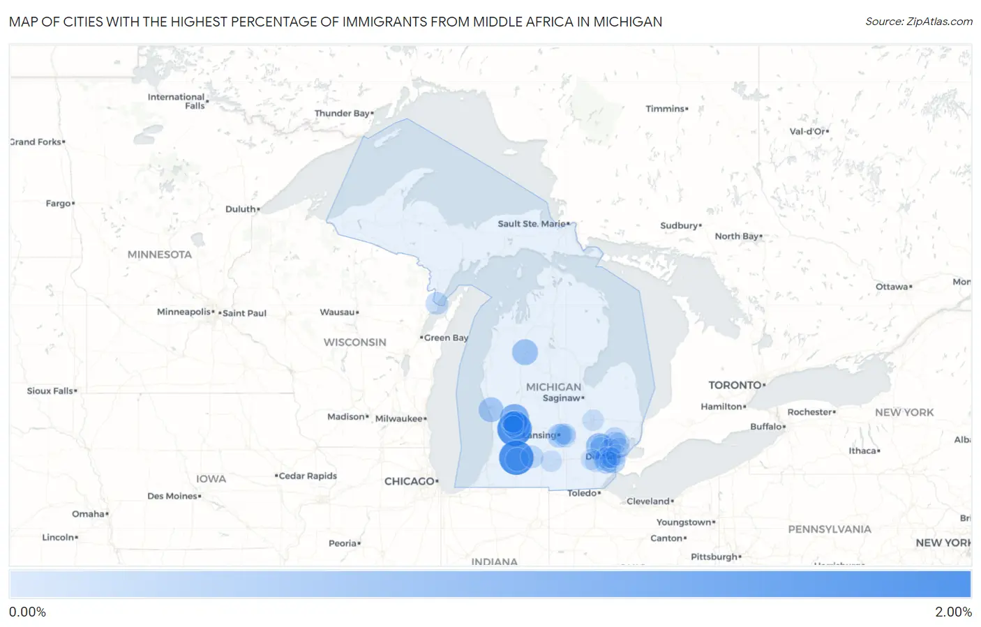Cities with the Highest Percentage of Immigrants from Middle Africa in Michigan Map