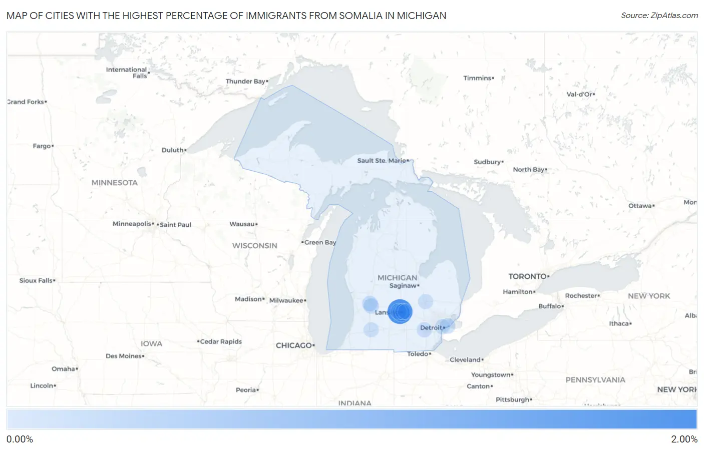 Cities with the Highest Percentage of Immigrants from Somalia in Michigan Map