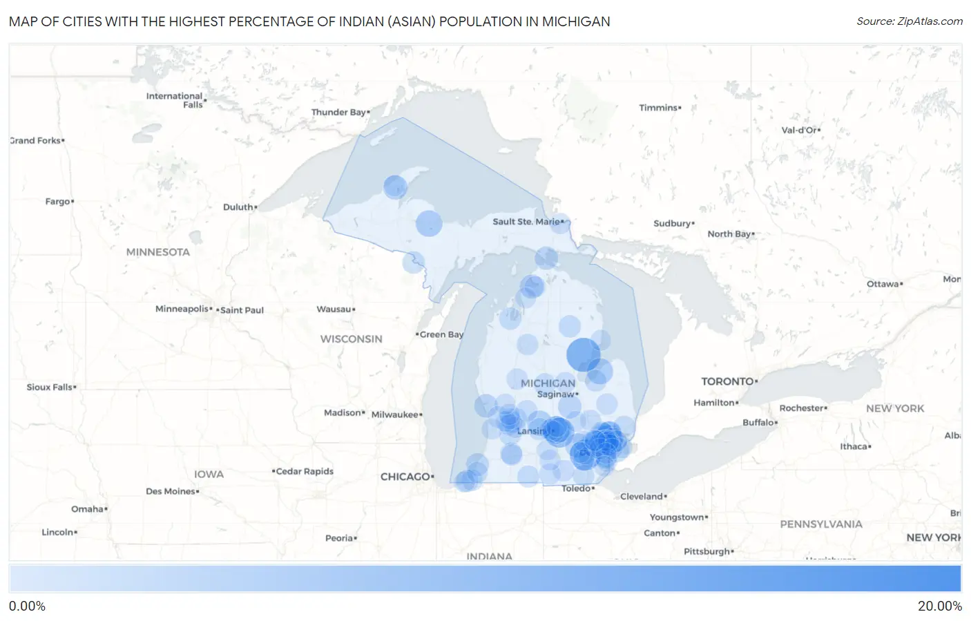 Cities with the Highest Percentage of Indian (Asian) Population in Michigan Map