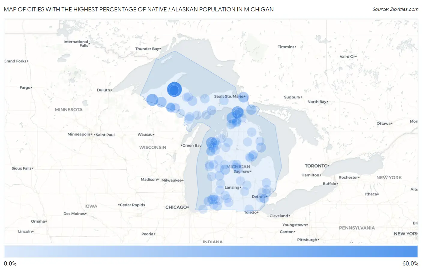 Cities with the Highest Percentage of Native / Alaskan Population in Michigan Map