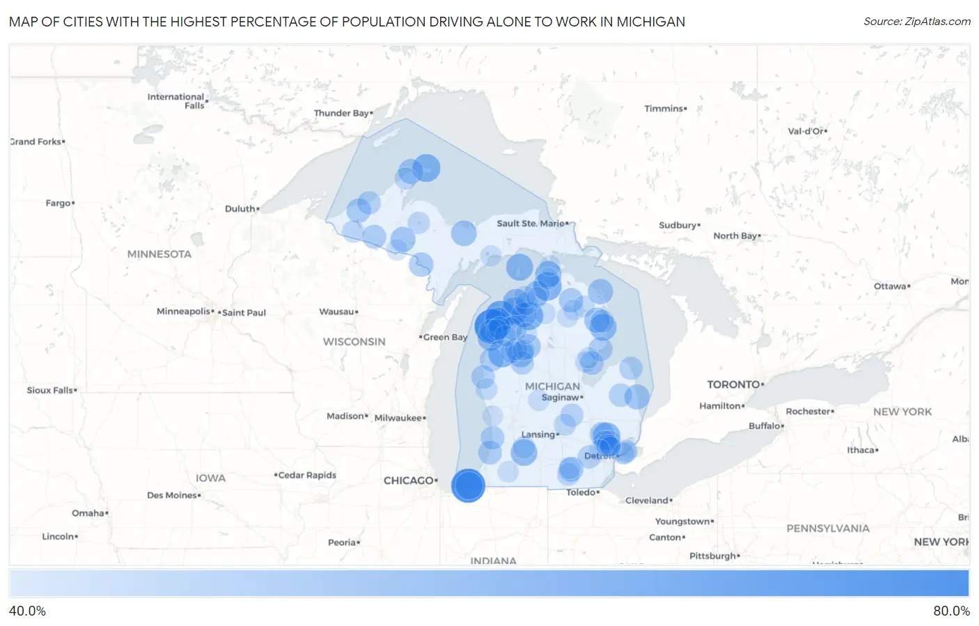 Cities with the Highest Percentage of Population Driving Alone to Work in Michigan Map