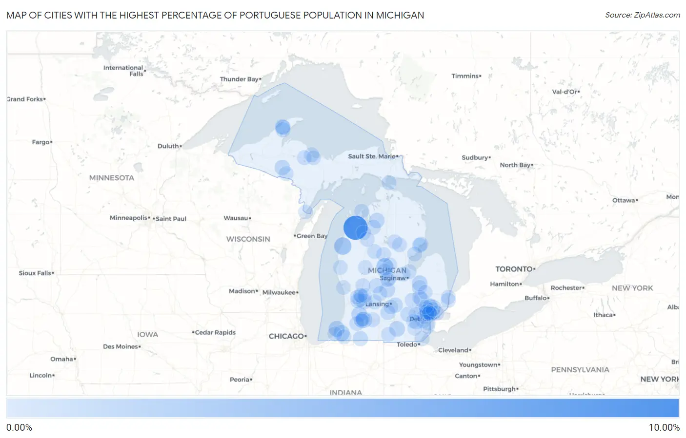 Cities with the Highest Percentage of Portuguese Population in Michigan Map
