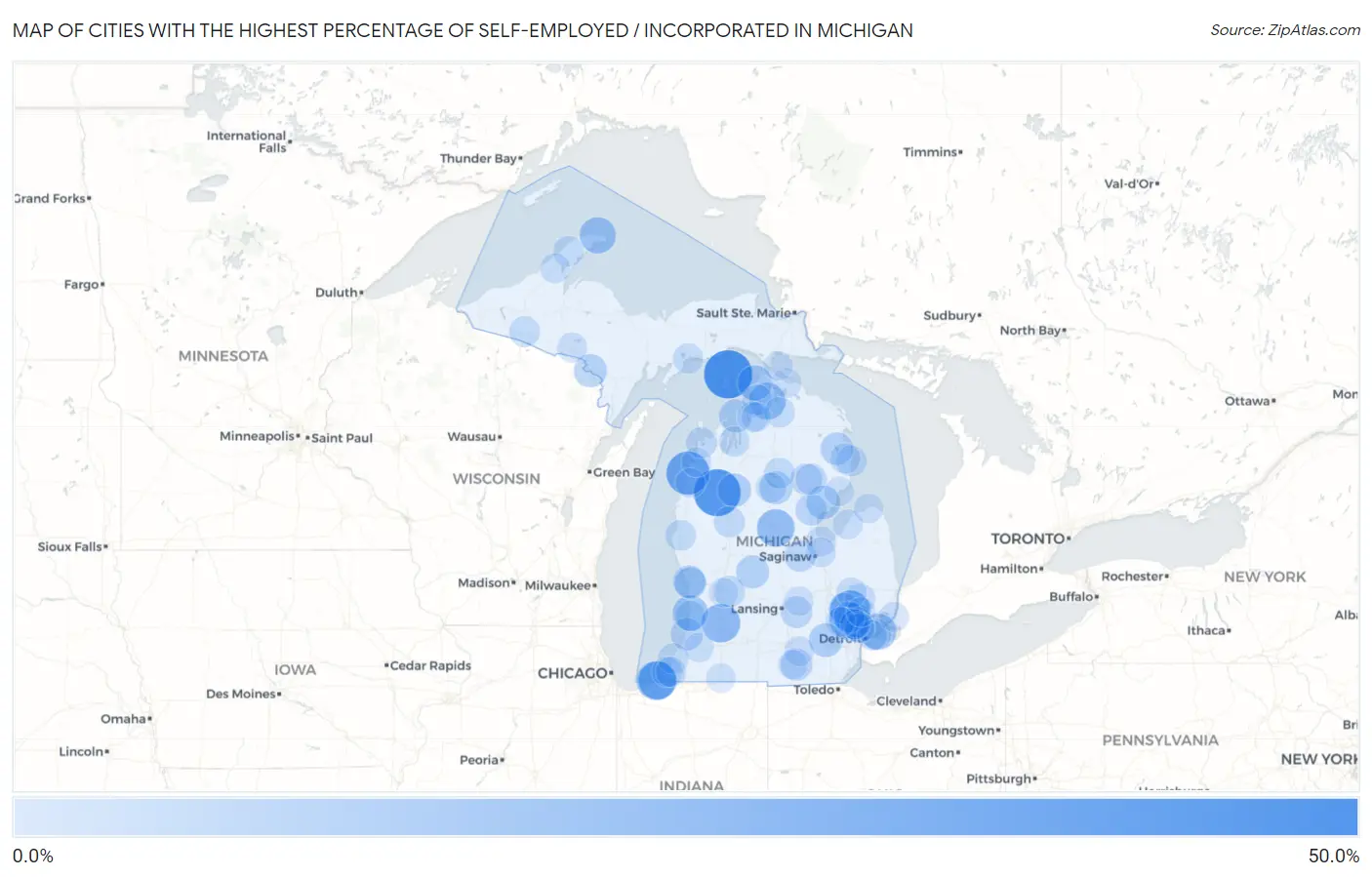 Cities with the Highest Percentage of Self-Employed / Incorporated in Michigan Map