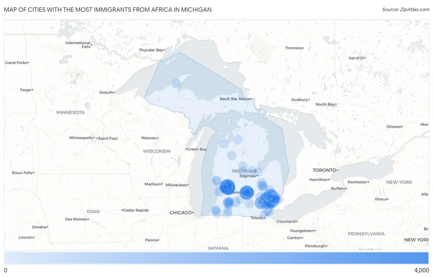 Cities with the Most Immigrants from Africa in Michigan Map