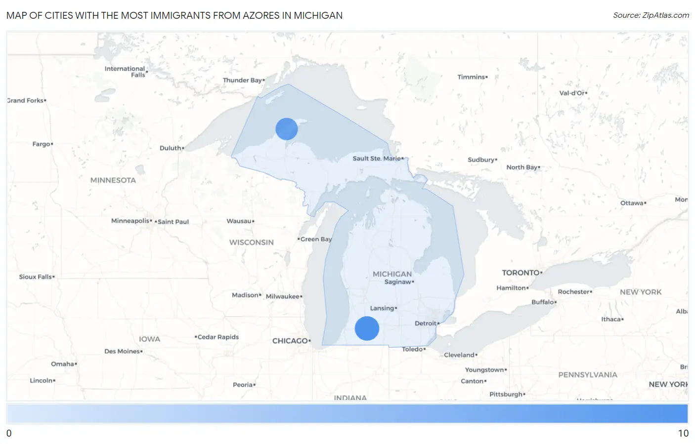 Cities with the Most Immigrants from Azores in Michigan Map
