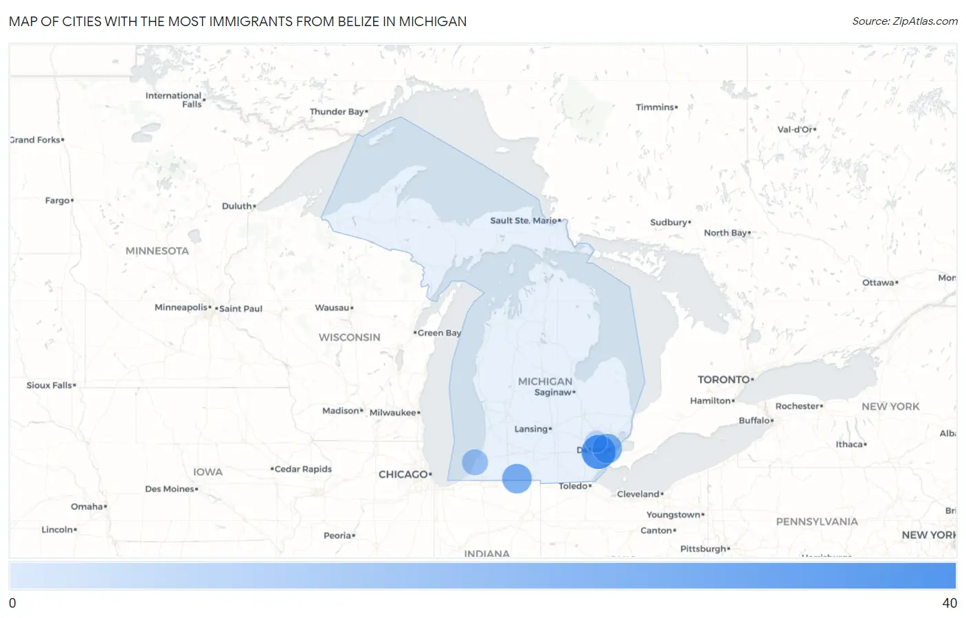 Cities with the Most Immigrants from Belize in Michigan Map
