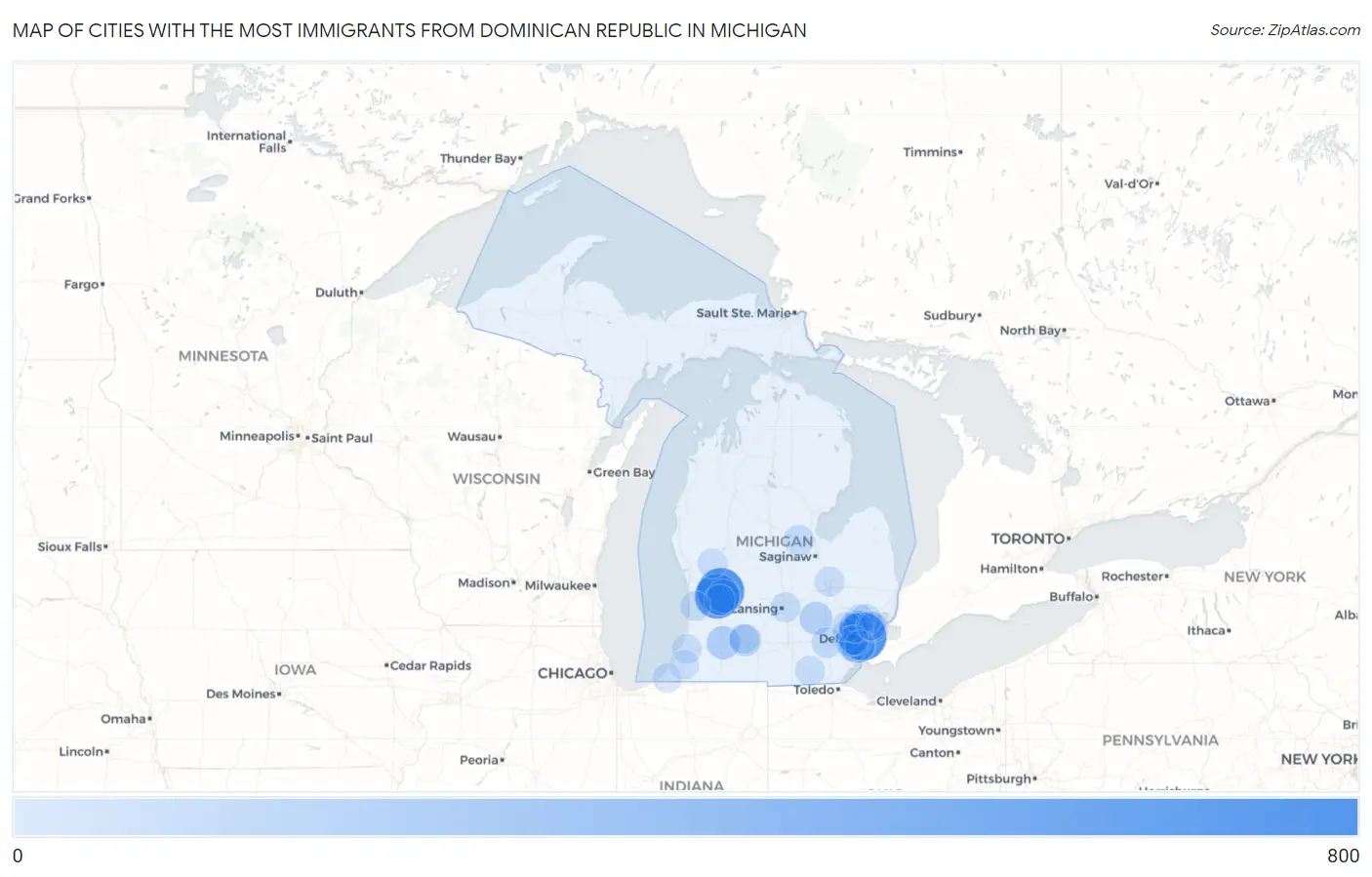 Cities with the Most Immigrants from Dominican Republic in Michigan Map